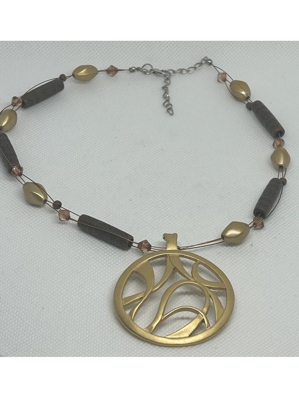 Gold Tone Abstract Openwork Circle Pendant Necklace Beaded Statement Jewelry